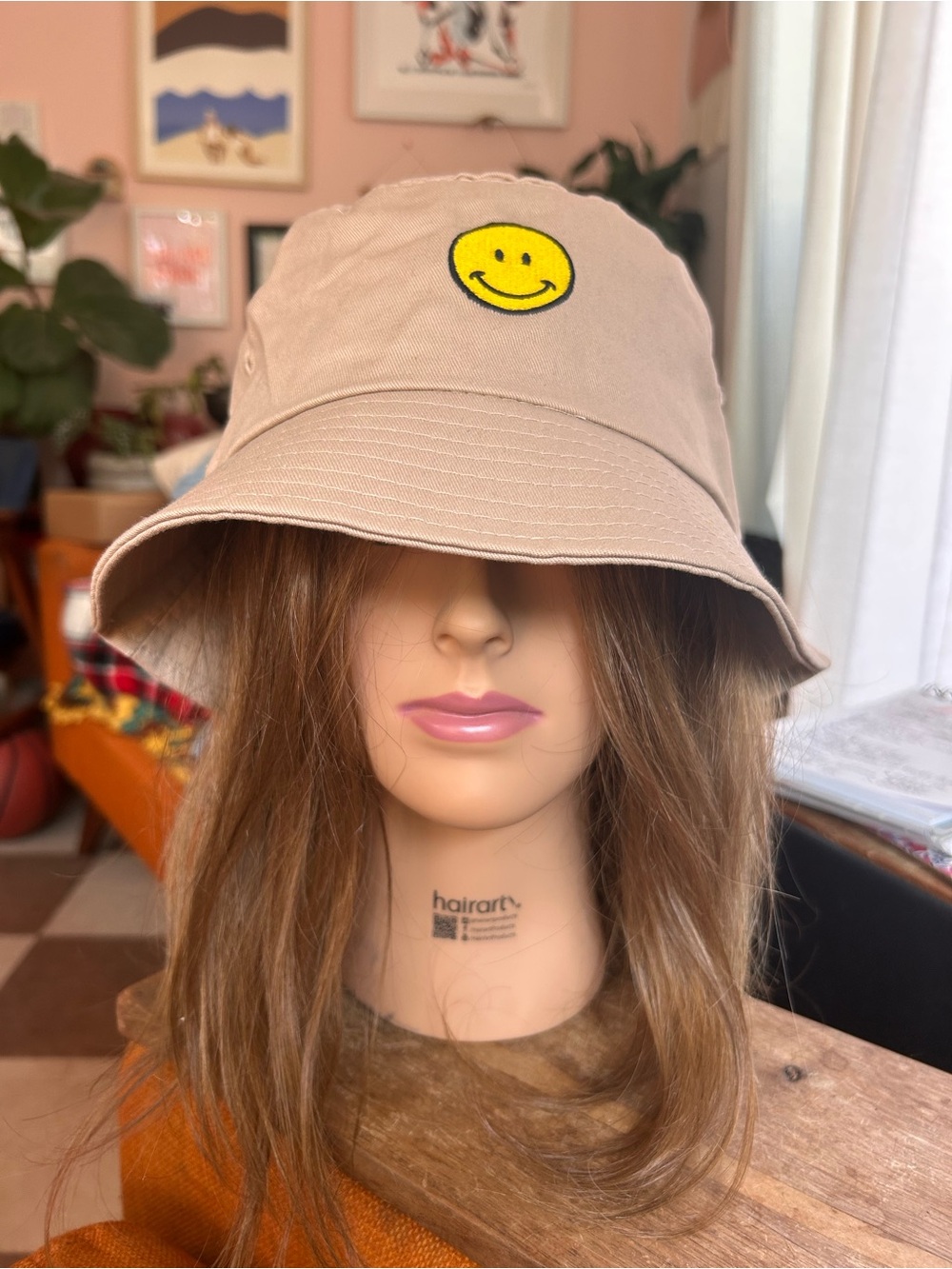Beige Bucket Hat with Yellow Smiley Patch